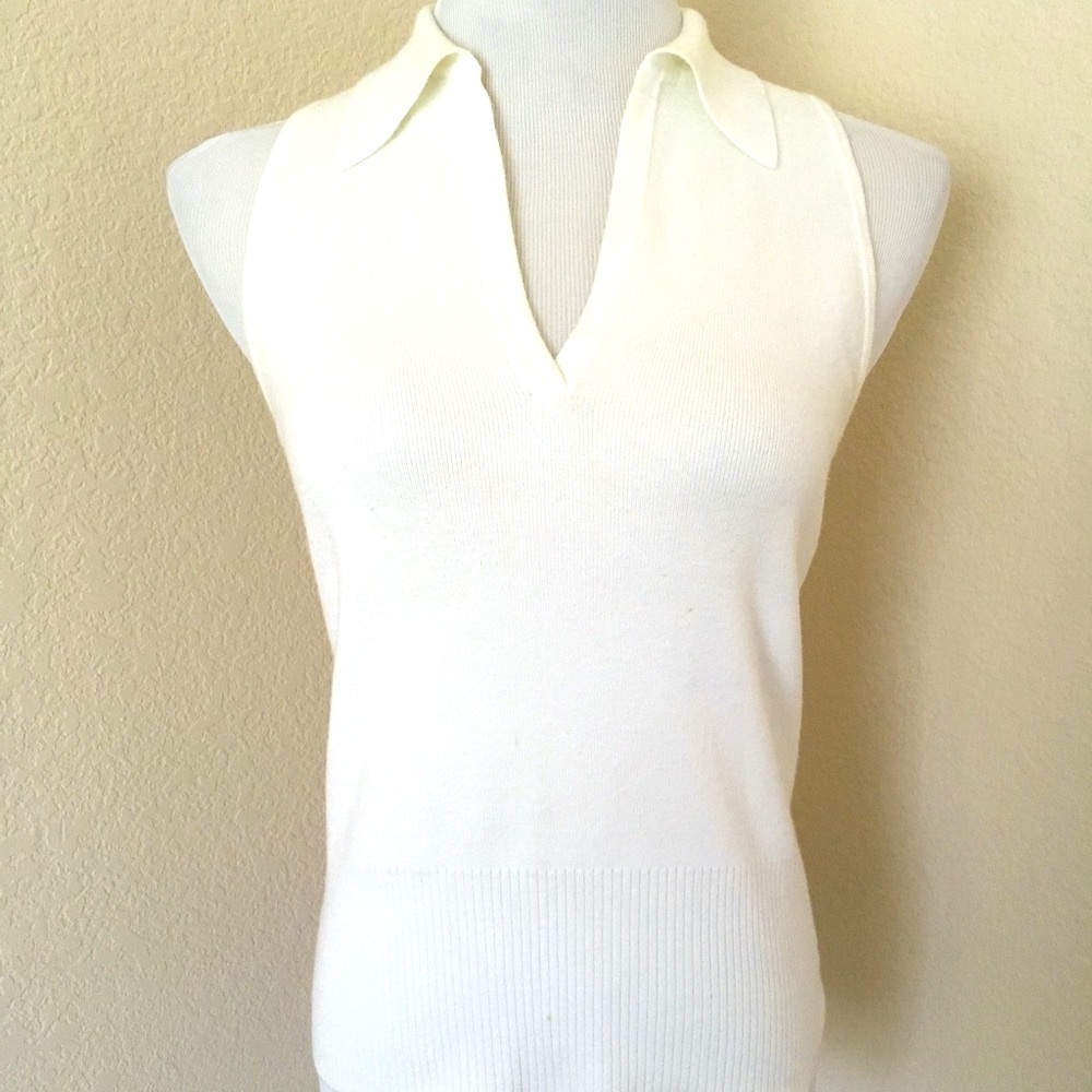 Knit top sleeveless white top Ann Taylor top body con V neck top